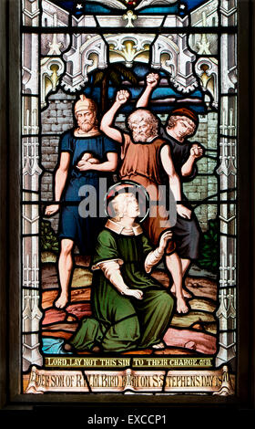 Stoning of Saint Peter stained glass, St. Lawrence`s Church, Barton-on-the Heath, Warwickshire, England, UK Stock Photo